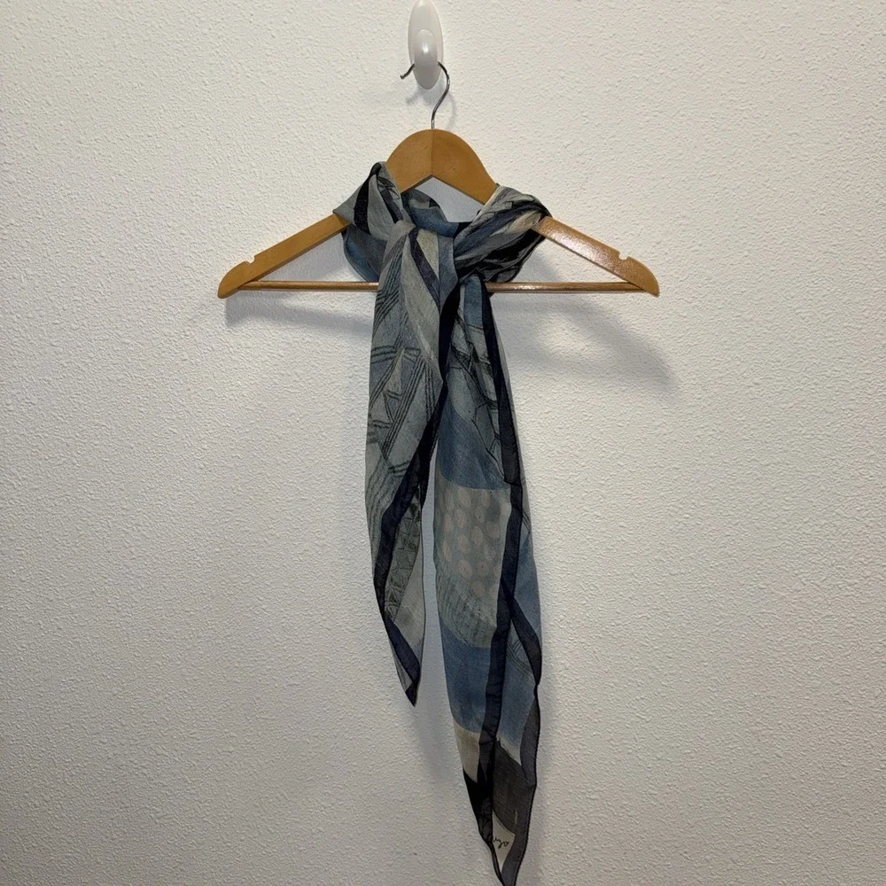 Women's Vintage KENZO‎ Light Silk Checked Checkered Scarf Wrap Blue Black White